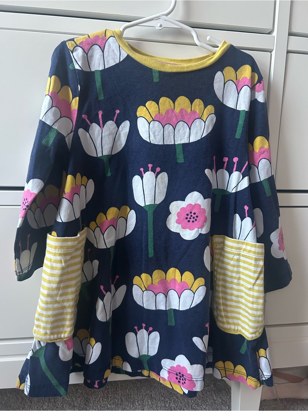 Mini Boden Navy Floral Long-Sleeve Dress with Yellow Stripe Pockets